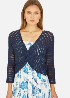 Yumi Navy Crochet Cotton Twisted Bolero Top