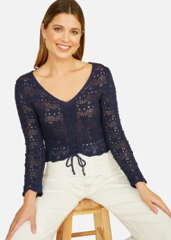 Yumi Navy Crochet Top With Front Ruching