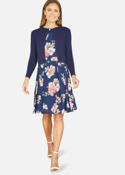 Yumi Navy Diamante Button Cropped Cardigan