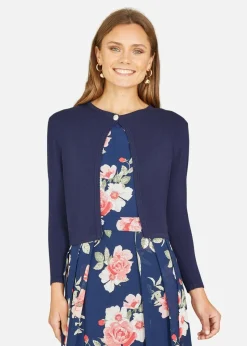 Yumi Navy Diamante Button Cropped Cardigan