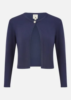 Yumi Navy Diamante Button Cropped Cardigan