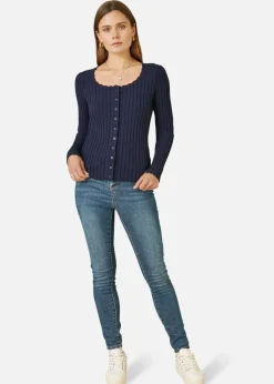 Yumi Navy Fitted Rib Button Up Cardigan