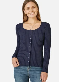 Yumi Navy Fitted Rib Button Up Cardigan