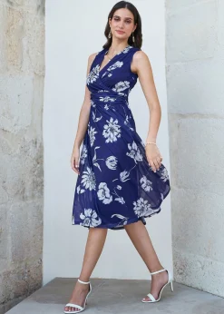 Yumi Navy Floral Print Stretch Mesh Dress With Pockets