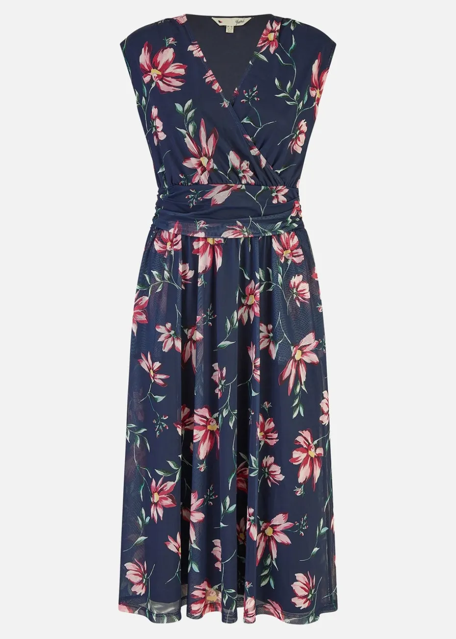 Yumi Navy Floral Print V-Neck Midi Skater Dress