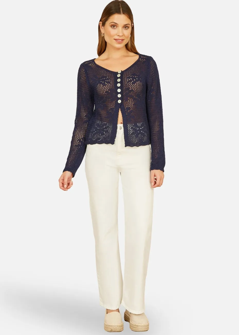 Yumi Navy Flower Crochet Button Up Cardigan