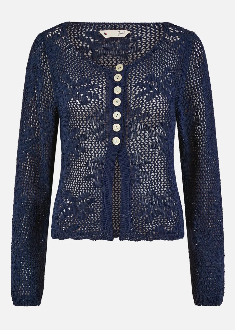 Yumi Navy Flower Crochet Button Up Cardigan