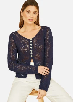 Yumi Navy Flower Crochet Button Up Cardigan