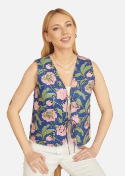 Yumi Navy Flower Reversible Cotton Quilted Waistcoat