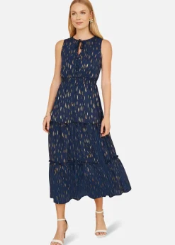 Yumi Navy Foil Print Ruched Waist Midi Dress With Tie Notch Neckline