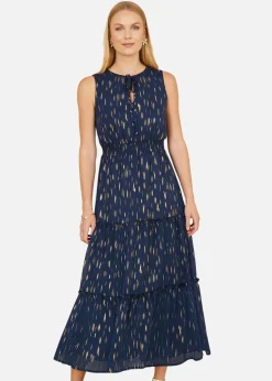 Yumi Navy Foil Print Ruched Waist Midi Dress With Tie Notch Neckline