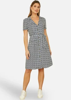 Yumi Navy Geo Print Retro Style Shirt Dress