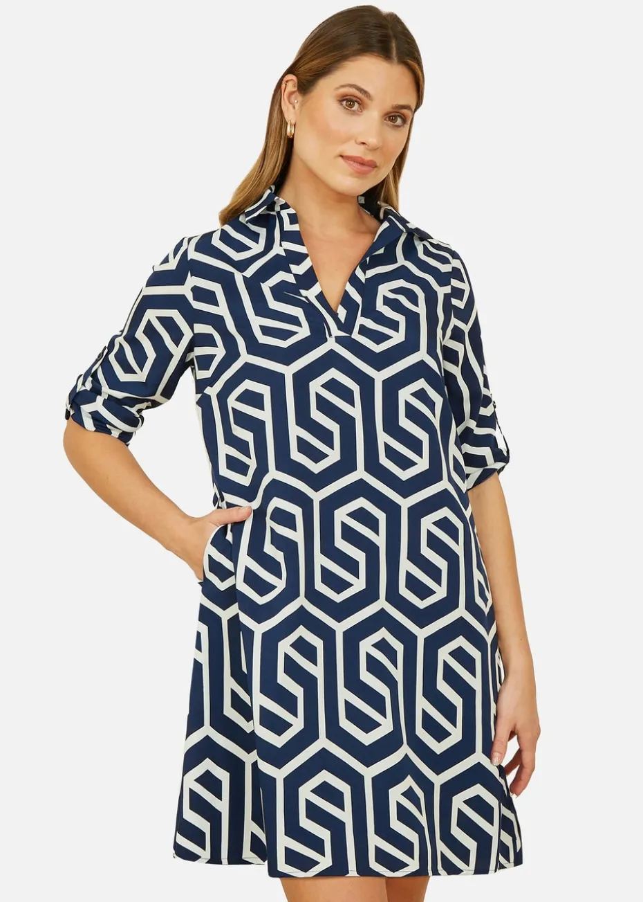 Yumi Navy Geo Print Tunic With Pockets