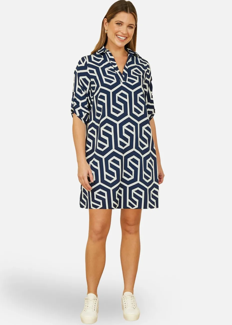 Yumi Navy Geo Print Tunic With Pockets