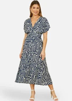 Yumi Navy Geometric Print Ruched Waist Midi Dress With Kimono Sleeves