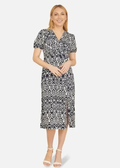 Yumi Navy Ikat Print Midi Dress With Split Hem