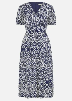 Yumi Navy Ikat Print Midi Dress With Split Hem