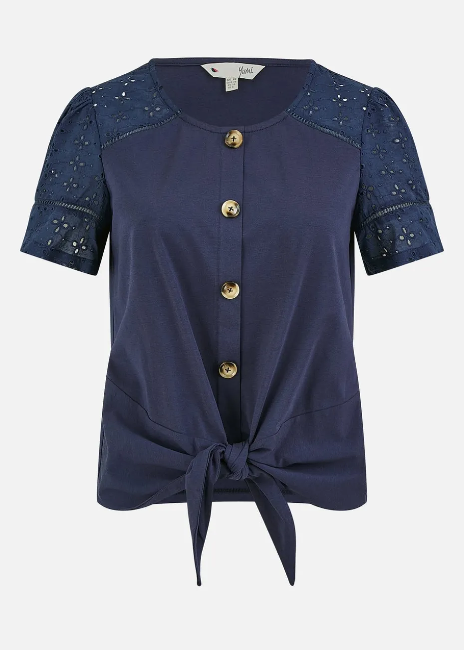 Yumi Navy Jersey Button Detail T-Shirt With Broderie Anglaise Sleeves And Tie Front