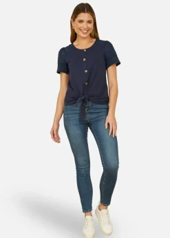 Yumi Navy Jersey Button Detail T-Shirt With Broderie Anglaise Sleeves And Tie Front