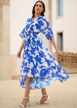 Yumi Navy Kimono Sleeves Midi Dip Hem Wrap Midi Dress