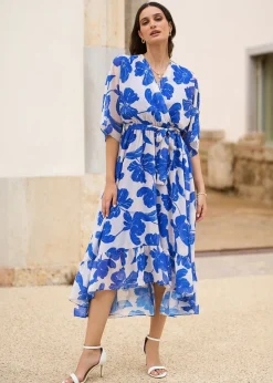 Yumi Navy Kimono Sleeves Midi Dip Hem Wrap Midi Dress