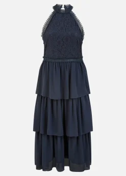 Yumi Navy Lace Halter Neck Midi Dress With Tiered Hem