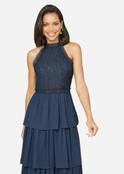 Yumi Navy Lace Halter Neck Midi Dress With Tiered Hem