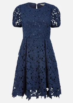 Yumi Navy Lace Skater Dress With Puff Sleeves