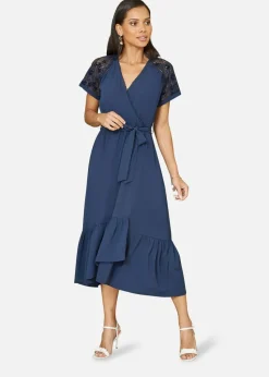 Yumi Navy Lace Sleeve Midi Wrap Over Dress