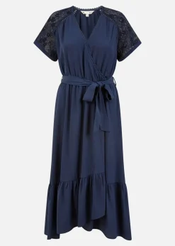 Yumi Navy Lace Sleeve Midi Wrap Over Dress