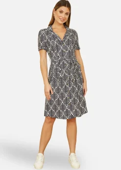 Yumi Navy Leaf Print Retro Shirt Dress