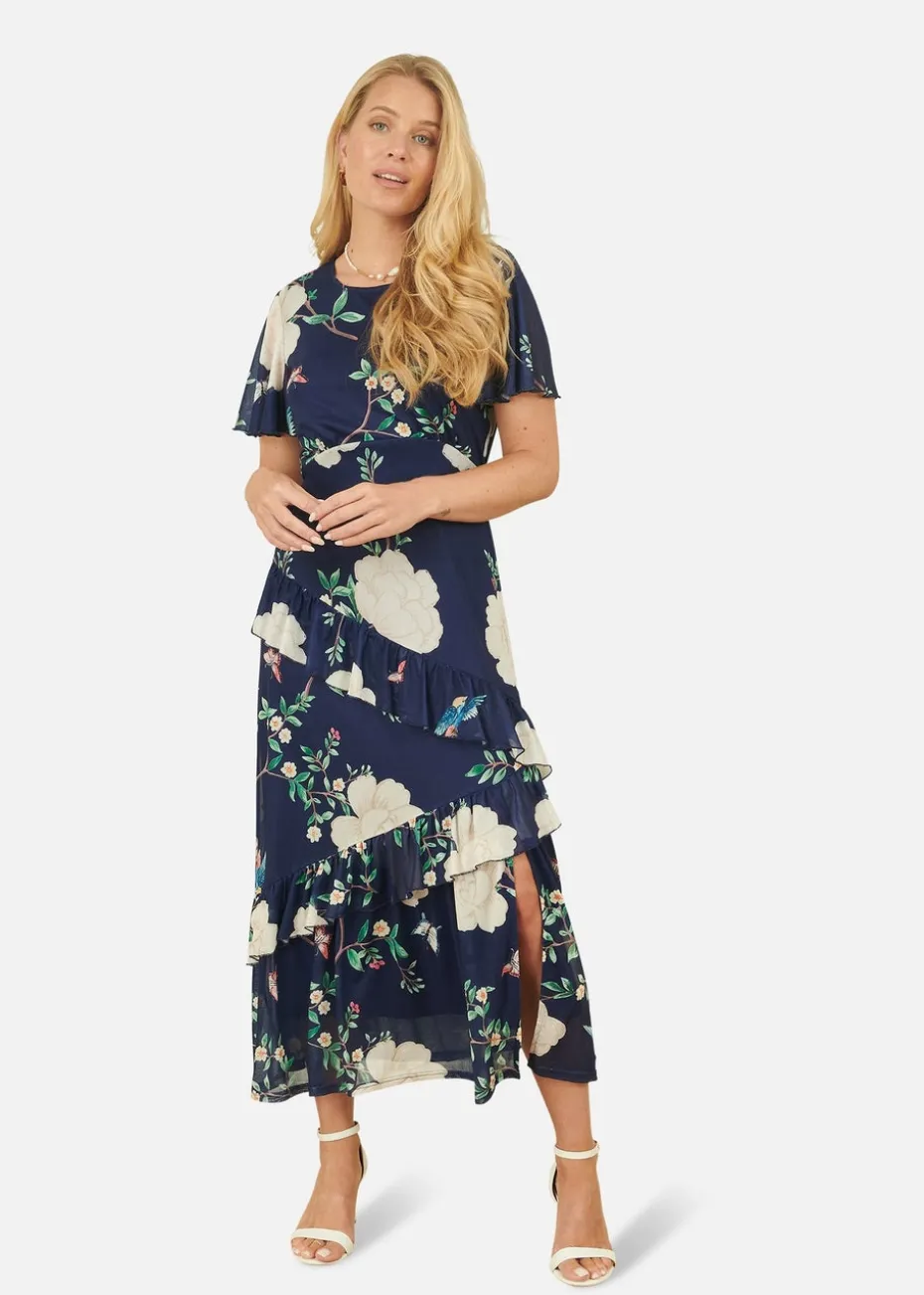 Yumi Navy Mesh Bird & Floral Print Midi Dress With Ruffles