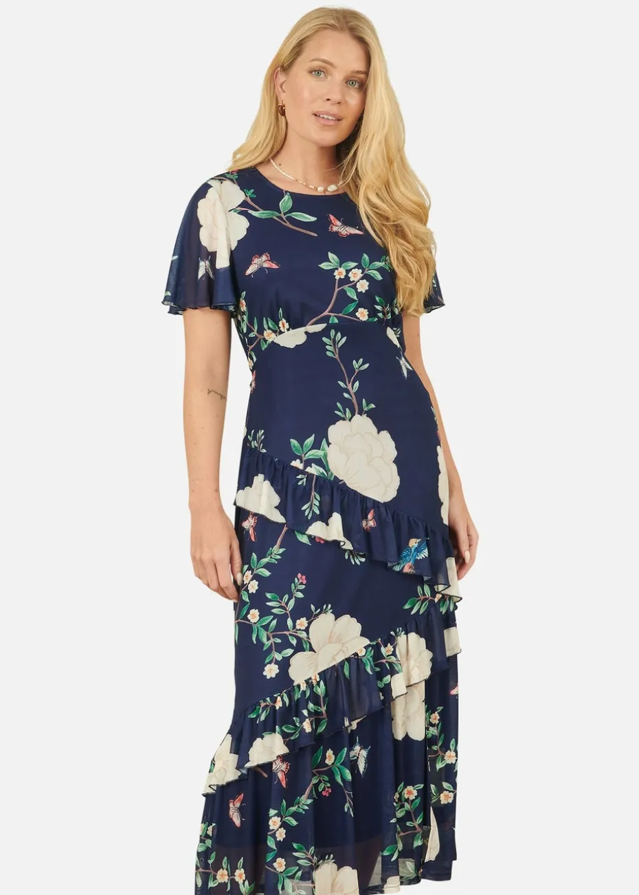 Yumi Navy Mesh Bird & Floral Print Midi Dress With Ruffles