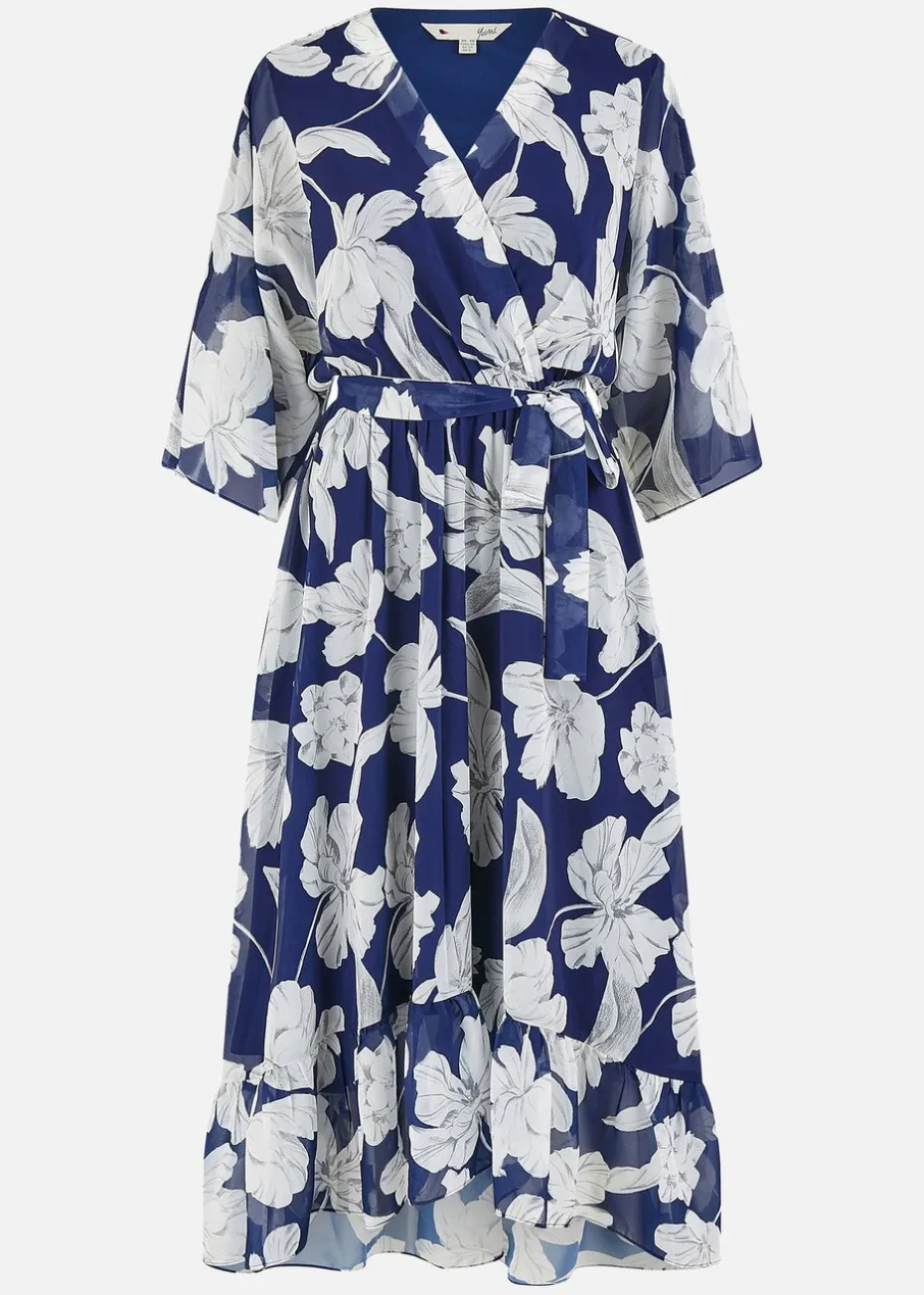 Yumi Navy Mesh Bird And Floral Print Midi Dress With Ruffles