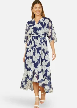 Yumi Navy Mesh Bird And Floral Print Midi Dress With Ruffles