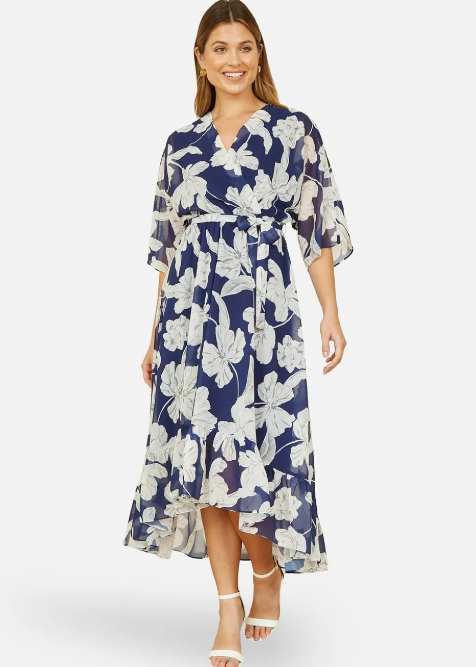 Yumi Navy Mesh Bird And Floral Print Midi Dress With Ruffles