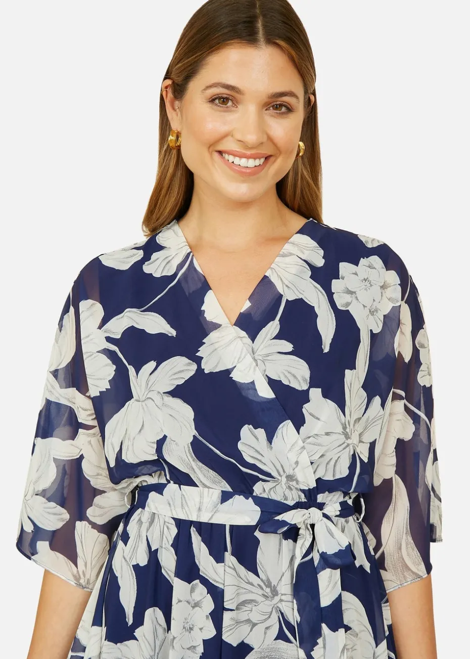 Yumi Navy Mesh Bird And Floral Print Midi Dress With Ruffles