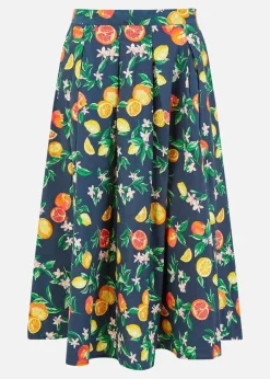 Yumi Navy Organic Cotton Citrus Print Midi Skirt