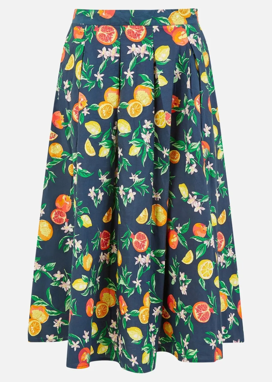 Yumi Navy Organic Cotton Citrus Print Midi Skirt