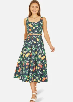 Yumi Navy Organic Cotton Citrus Print Midi Skirt