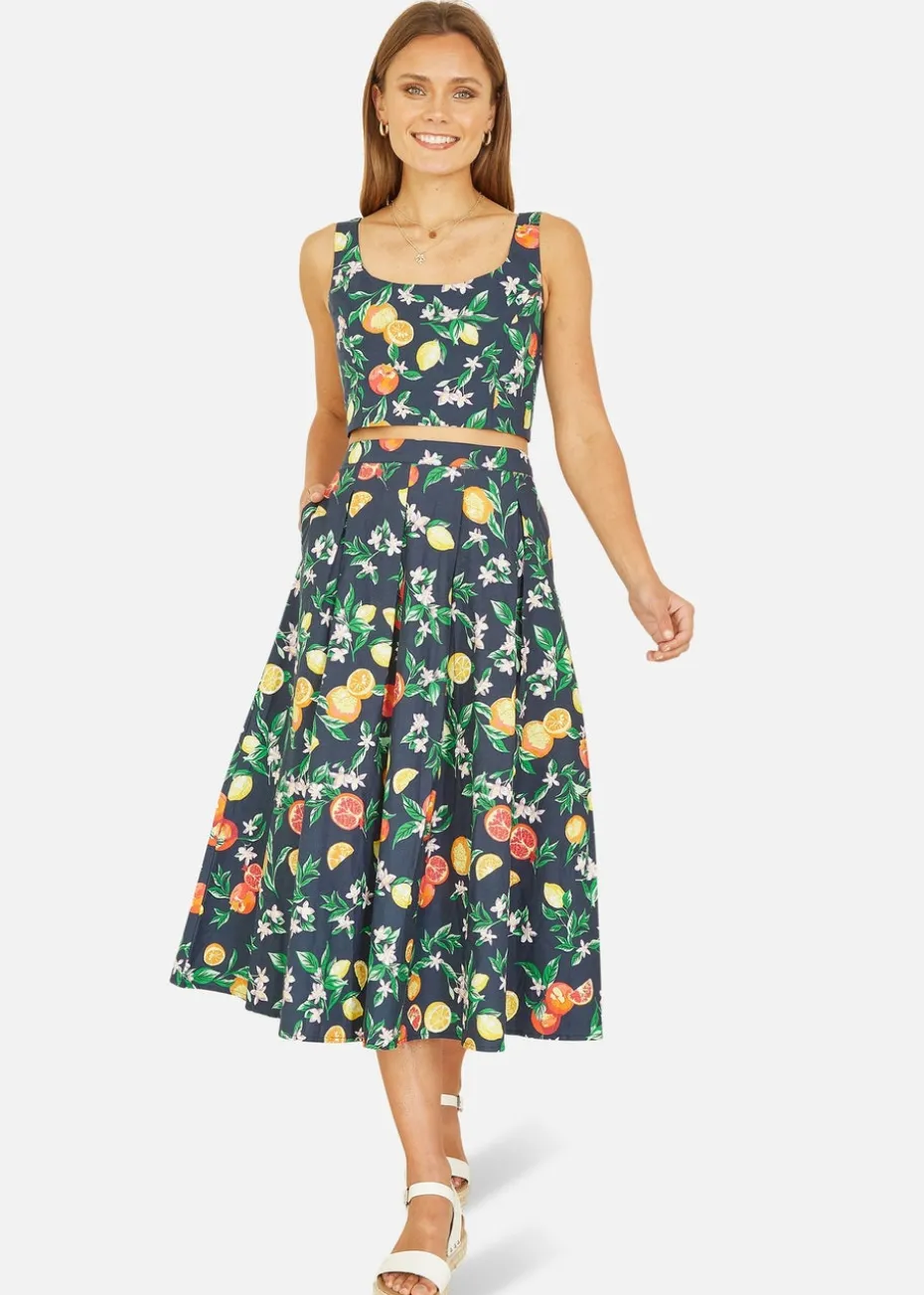 Yumi Navy Organic Cotton Citrus Print Midi Skirt