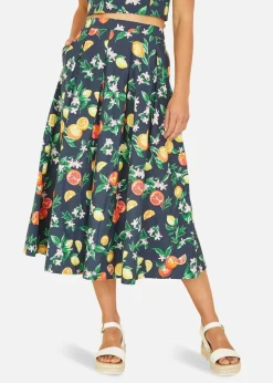 Yumi Navy Organic Cotton Citrus Print Midi Skirt