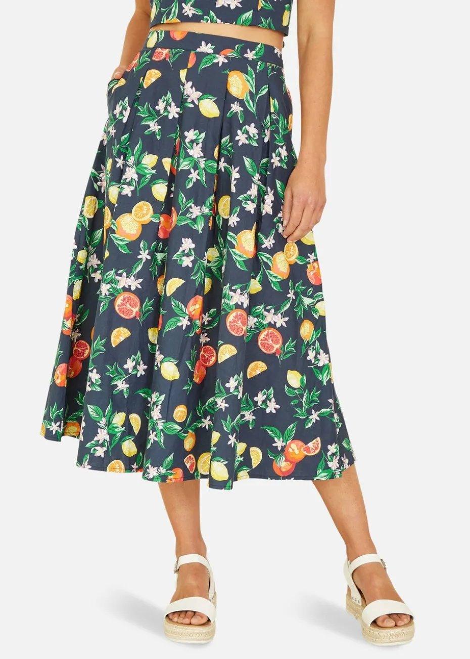 Yumi Navy Organic Cotton Citrus Print Midi Skirt