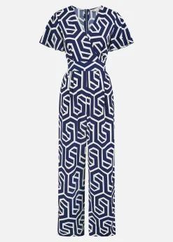 Yumi Navy Oversize Geo Print Jumpsuit