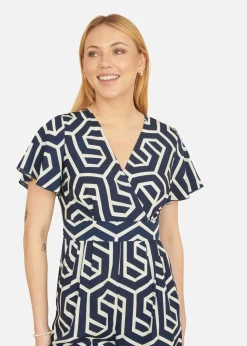Yumi Navy Oversize Geo Print Jumpsuit