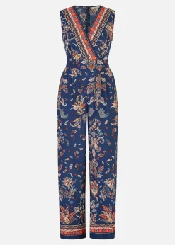 Yumi Navy Paisley Border Print Wrap Jumpsuit
