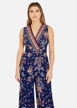 Yumi Navy Paisley Border Print Wrap Jumpsuit