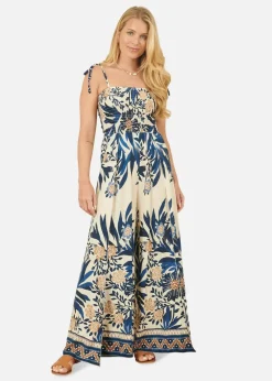 Yumi Navy Palm Print Strappy Viscose Jumpsuit