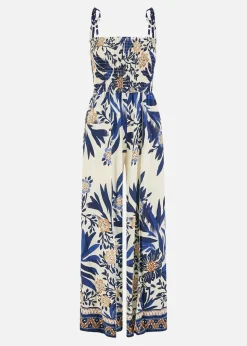 Yumi Navy Palm Print Strappy Viscose Jumpsuit