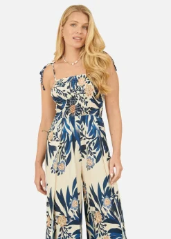 Yumi Navy Palm Print Strappy Viscose Jumpsuit